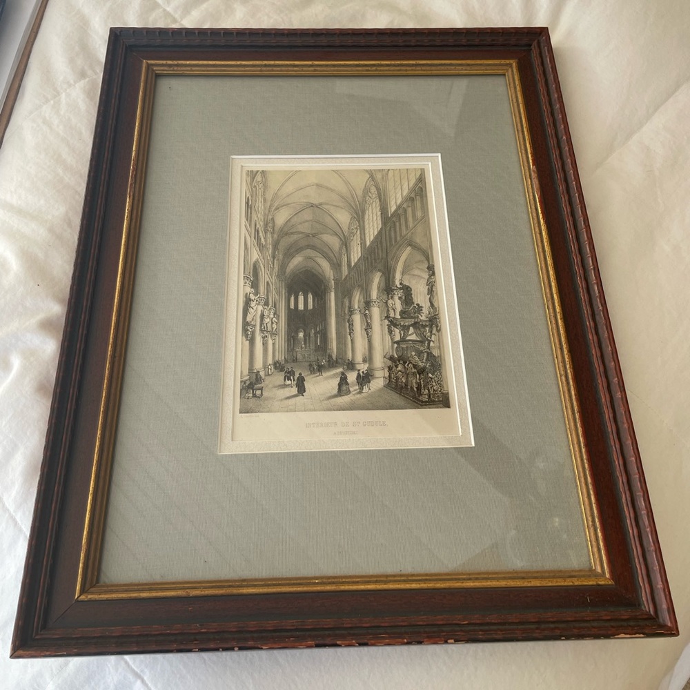 Antique Lithograph 'Interieur De St Gudule'